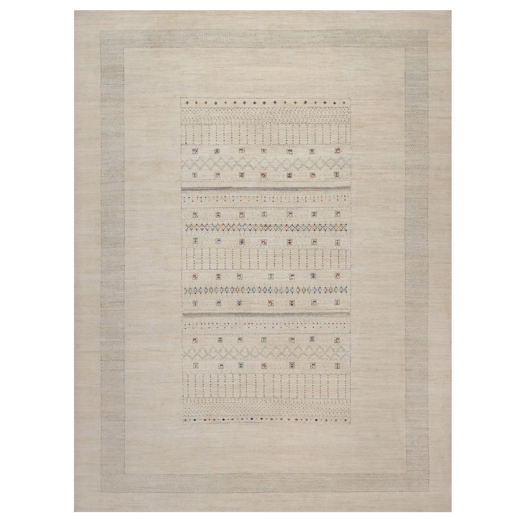 Parchment White, Modern, Lori Buft Gabbeh with Small Animal Figurines, Hand Knotted, Soft Wool, Thick and Plush, Oriental Rug